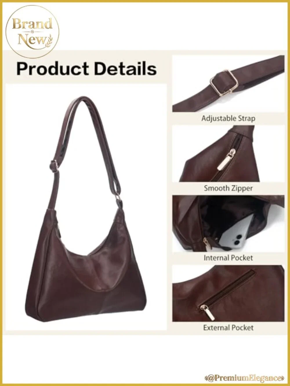 Slouchy Hobo Tote for Women - Vegan PU Leather Shoulder Bag, Adjustable